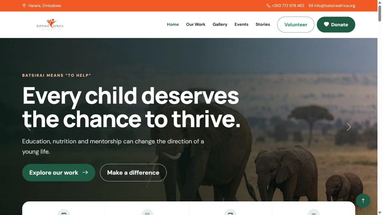 Batsirai Africa Foundation website displayed on desktop