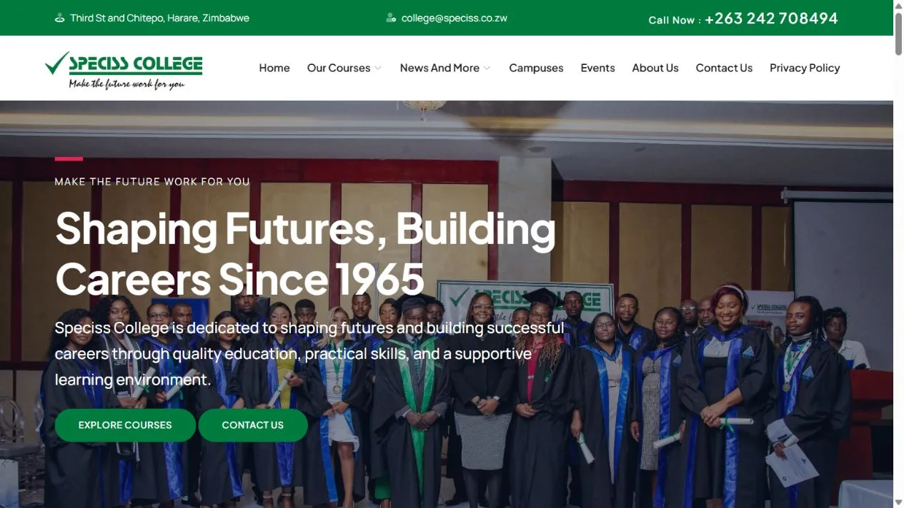 Speciss College website displayed on desktop